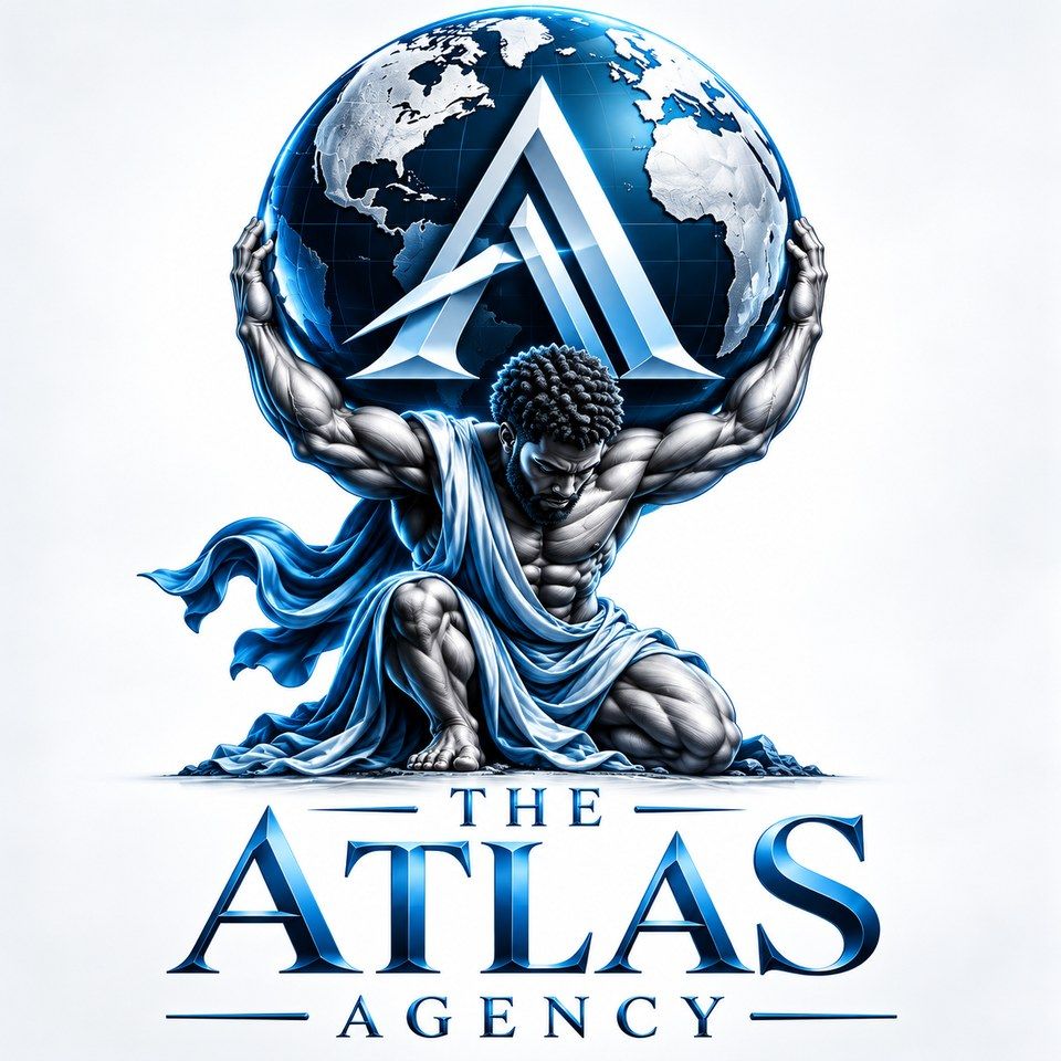The Atlas Agency logo: Atlas kneeling and carrying a blue globe